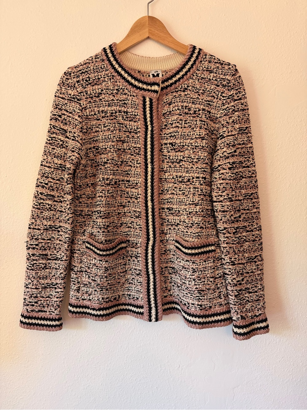 Missoni Metallic Pink and Black Trim Bouclé Wool Cardigan Jacket